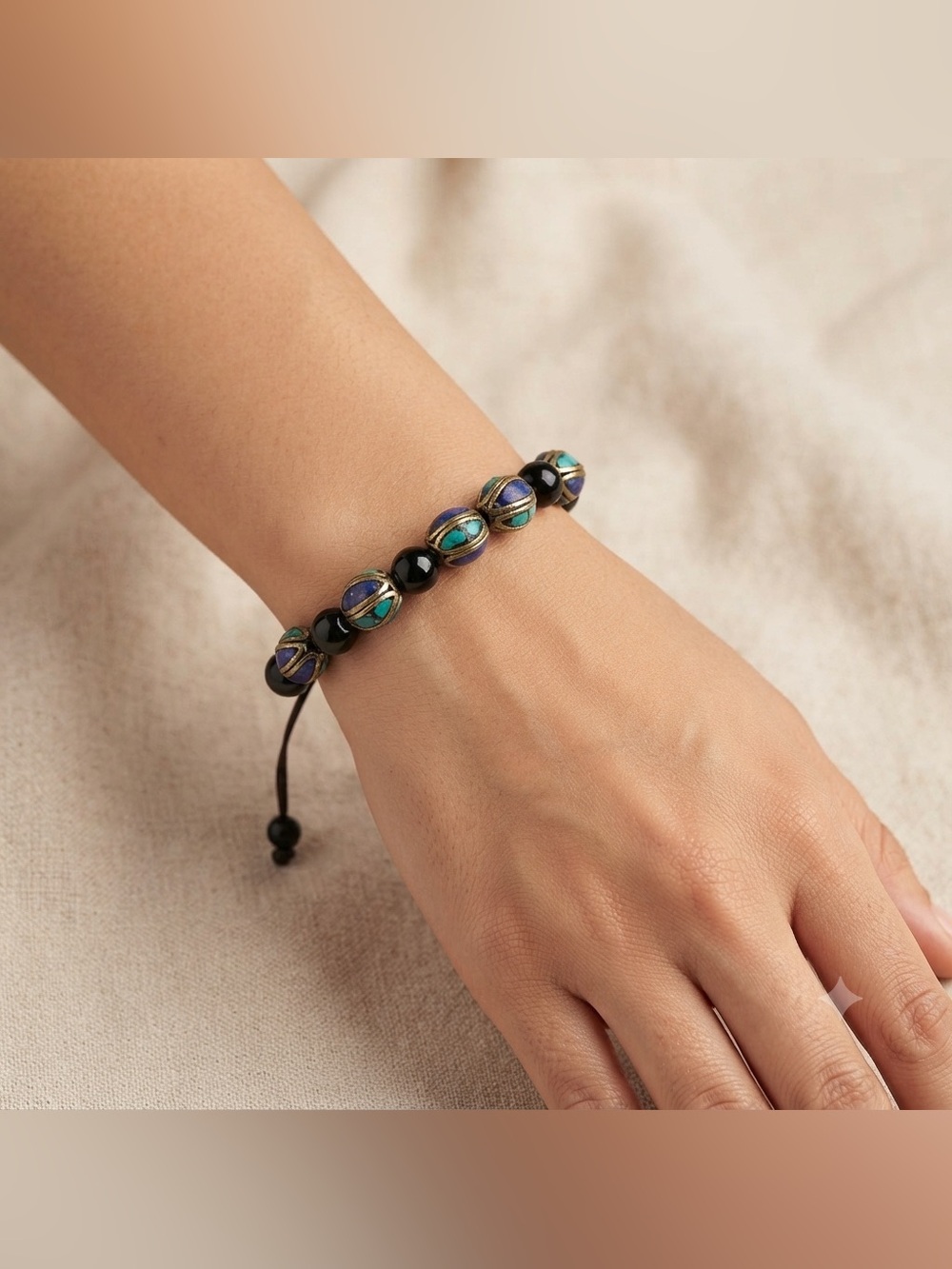 Handcrafted Beaded Bracelet with Black Onyx, Turquoise and Lapis Inlay Beads